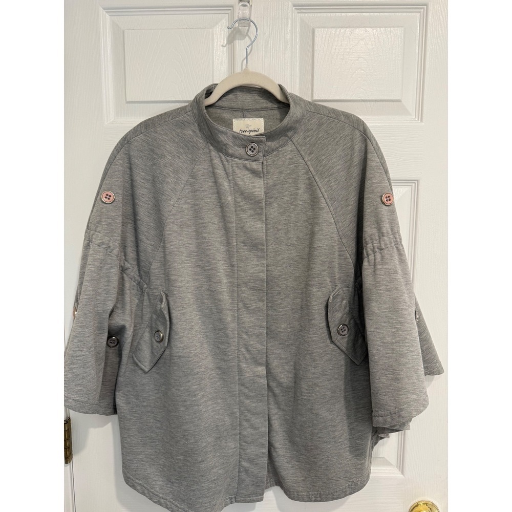 Free Spirit New York Womens Grey Knit Poncho Jacket Cape Mock Neck Button Large
